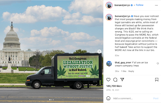 Screenshot from Ben and Jerry's Instagram of the brand fighting for marijuana legislation.