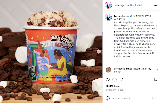 Screenshot of a Ben and Jerry's partnership post on their Instagram about a social justice partnership.