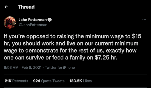 Fetterman's most engaged with Tweet, saying, 