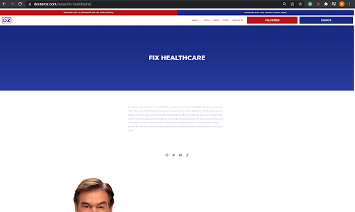 Dr. Oz's healthcare issue page with little information that's difficult to read.