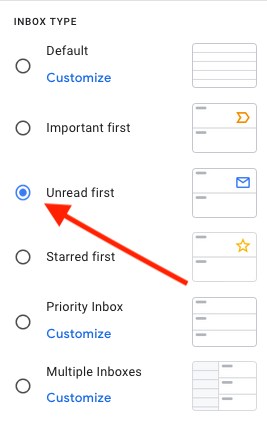 How to switch gmail settings to see unread emails first